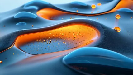 Wall Mural - An abstract image showcasing smooth liquid surfaces with vibrant orange and blue hues, featuring droplets and a glossy texture.