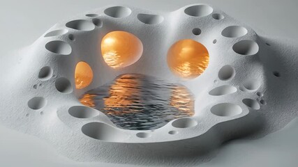 Wall Mural - A textured white abstract structure with circular openings revealing a serene water view and warm lighting.