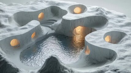 Wall Mural - An abstract landscape featuring smooth, white formations surrounding a tranquil pool of water with glowing spheres.