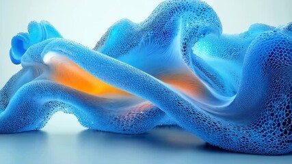 Wall Mural - A vibrant wave-like structure made of blue flowing textures with soft illumination, creating a dynamic and modern visual appeal.
