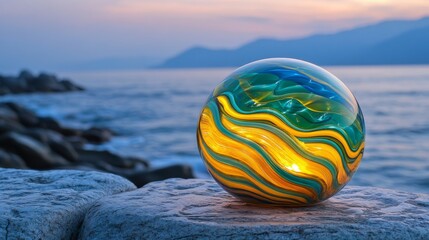 Wall Mural - a glowing high-tech digital orb at the center emits light rays, waves, lines, and energy particles i