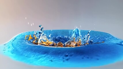 Wall Mural - A splash of vibrant colors as water and orange liquid collide in an artistic display, creating dynamic shapes and textures.