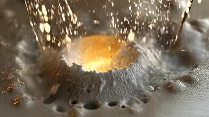 Wall Mural - A close-up of water splashing with vibrant bubbles and a golden glow in a textured surface.