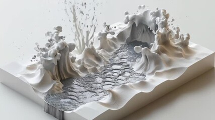 Wall Mural - A dynamic abstract landscape featuring textured waves and peaks in white, contrasting with a dark, smooth surface illuminating modern design elements.