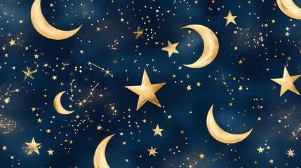 seamless luxury & metallic patterns gold foil starry night sky with moons and constellations. nights