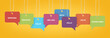 © New Africa - Paper speech bubbles with greetings in different languages hanging on orange background. Banner design