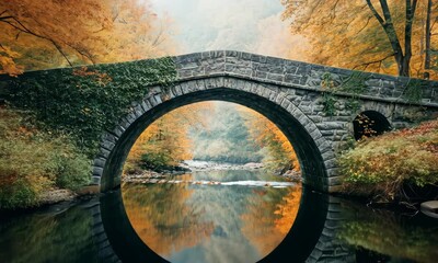Wall Mural - serene stone bridge over calm river in colorful autumn forest