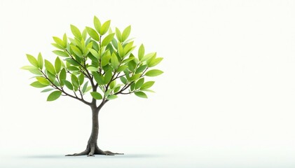 Single young tree, delicate leaves, white backdrop, fresh, detail, tree