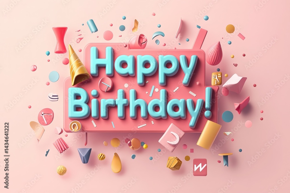 A vibrant display features bold three-dimensional letters saying Happy Birthday, surrounded by colorful decorations like party hats, balloons, and confetti, creating a joyful atmosphere.