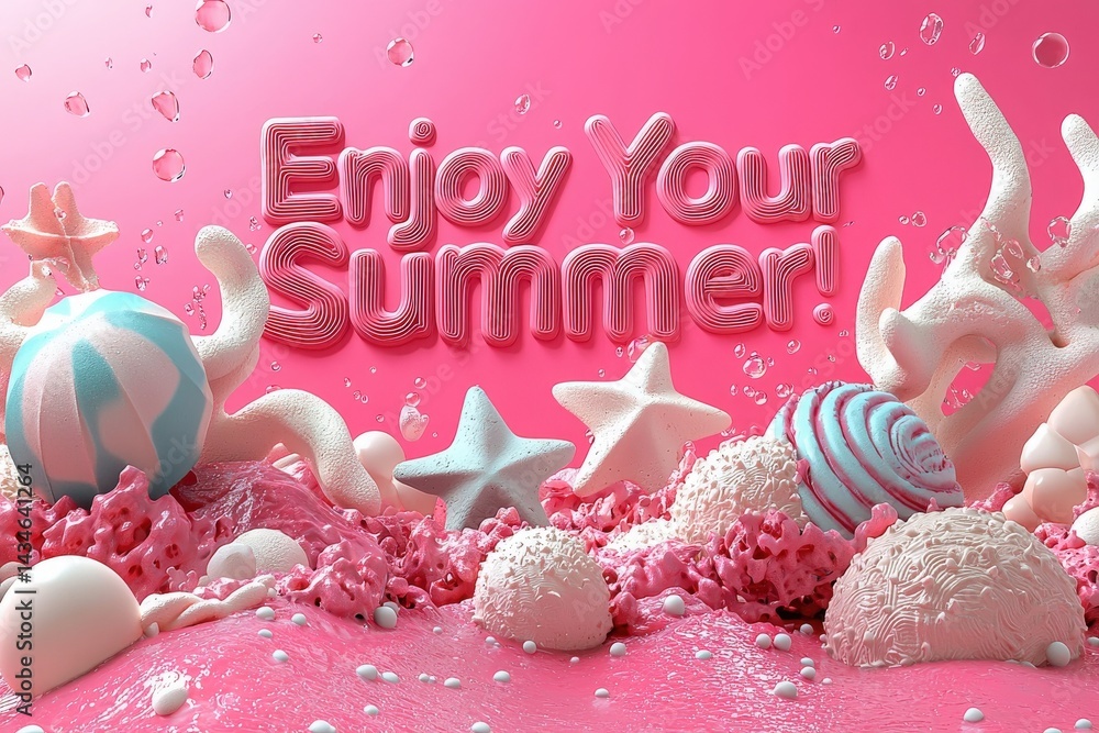 Colorful candies and playful decorations create a vibrant summer-themed display. Soft textures feature in pastel colors alongside fun elements like stars and spheres, sure to evoke joy.