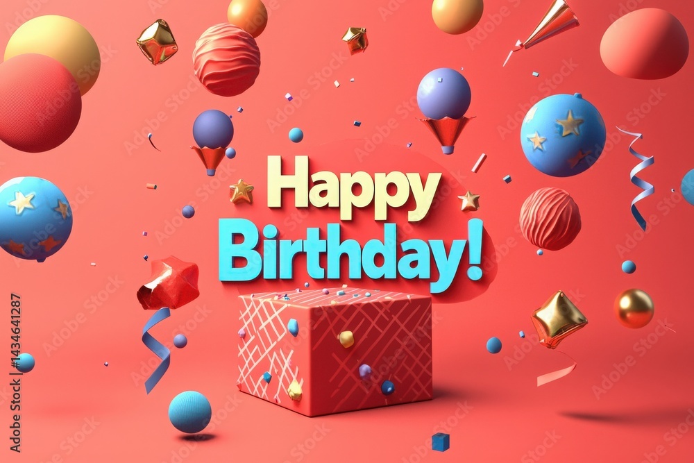 A lively birthday setup featuring a red gift box surrounded by colorful balloons, confetti, and party hats. The cheerful arrangement conveys a joyful atmosphere appropriate for birthday festivities.
