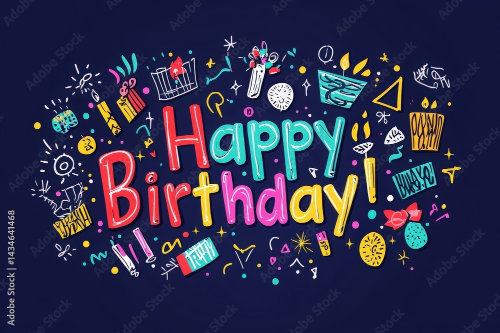 Vibrant letters spell out Happy Birthday, surrounded by whimsical doodles of balloons, cakes, and party hats. The lively design captures the joy and excitement of celebrating a special day.