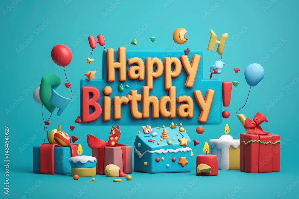 Festive decorations feature a bright backdrop with Happy Birthday in bold letters surrounded by colorful balloons, cakes, and wrapped gifts, perfect for a birthday celebration.