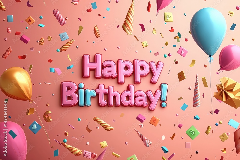Bright balloons in gold, pink, and blue float among colorful confetti and decorations, creating a joyful atmosphere for a birthday celebration. The cheerful message is prominently displayed.