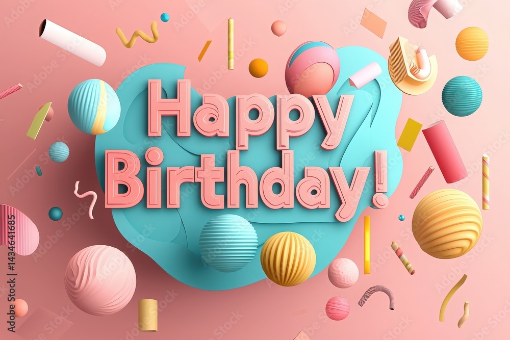 Bright and playful backdrop featuring three-dimensional elements in vibrant colors. The joyful Happy Birthday text stands out against a soft blue background, creating a festive atmosphere.