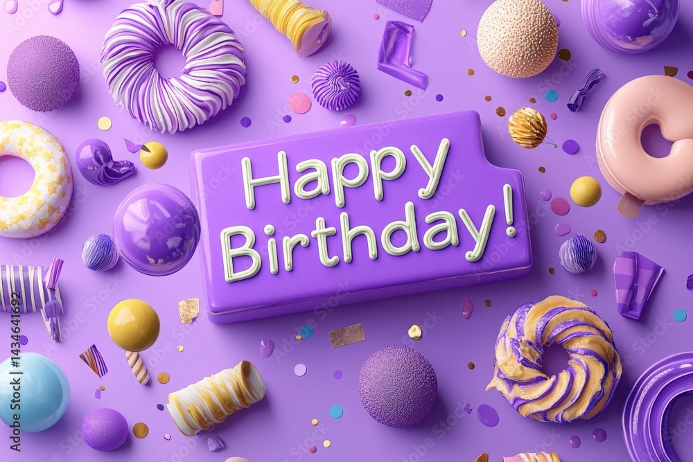 A vibrant assortment of birthday treats lays on a purple background, featuring a cheerful Happy Birthday! cake.