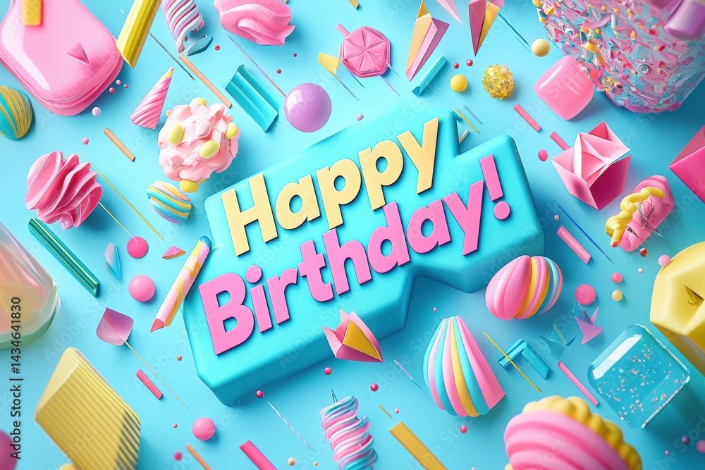 A cheerful birthday-themed layout features a bright blue background adorned with pink, yellow, and pastel decorations.