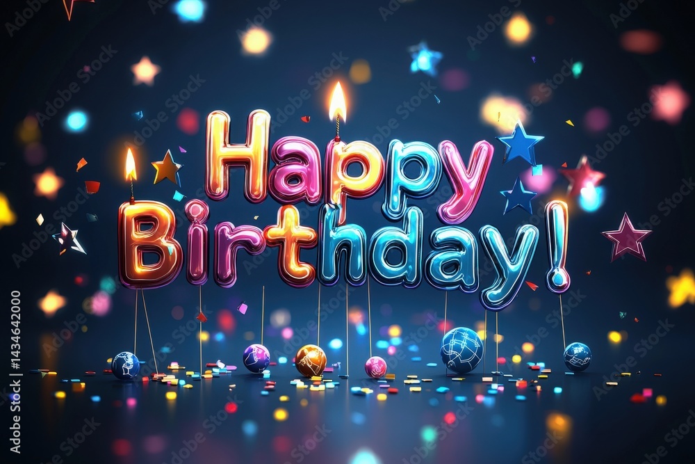 Bright balloons spell out a cheerful birthday message, surrounded by colorful confetti and decorative elements. The vibrant colors and glowing candles contribute to a lively party ambiance.