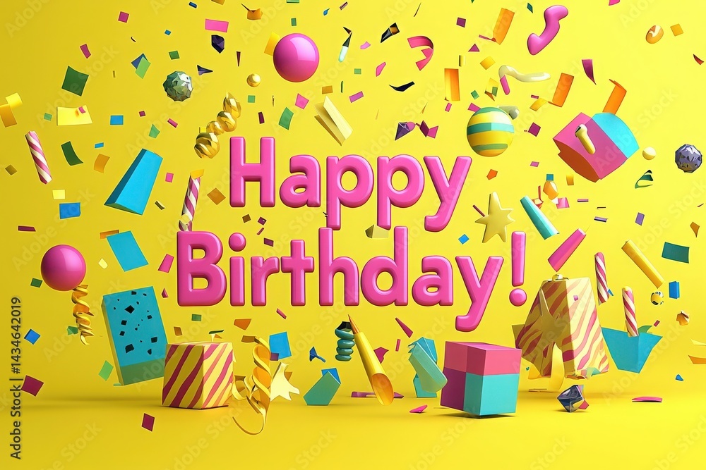 Bright decorations such as balloons, confetti, and gifts fill the scene in vibrant colors on a yellow background, creating a joyful atmosphere. The message conveys happiness for the birthday occasion.