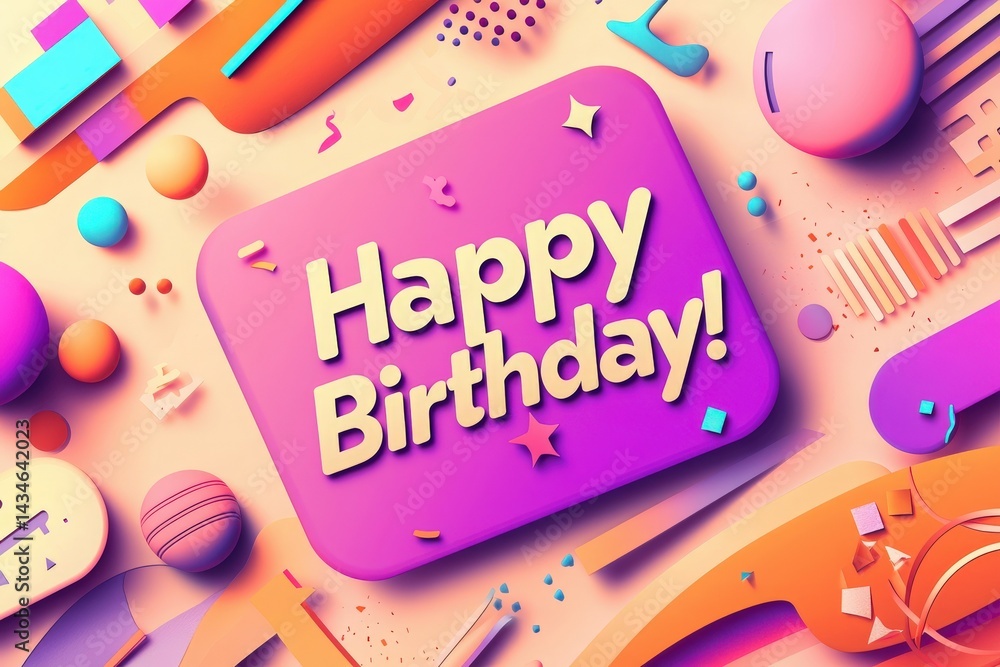 Bright and playful design features a vibrant background filled with abstract shapes and patterns. A bold Happy Birthday! message stands out, creating a cheerful atmosphere ideal for festivities.