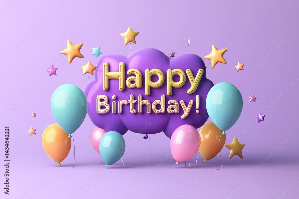 A vibrant birthday scene featuring balloons in pastel shades of blue, pink, and purple. Decorative stars surround a cheerful Happy Birthday message set against a soft purple background.