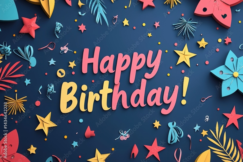 Brightly colored decorations celebrate a birthday with paper flowers, stars, and ribbons on a dark background, creating a joyful and festive atmosphere perfect for any birthday occasion.