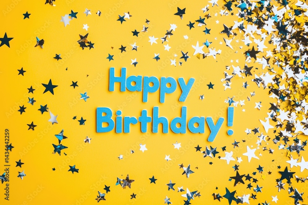 Bright yellow background features the words happy birthday in vibrant blue letters, surrounded by shiny silver and black star confetti, creating a festive atmosphere perfect for celebrations.