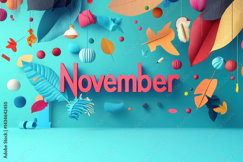 November is creatively displayed with bold letters against a turquoise background, surrounded by colorful leaves and delightful ornaments. The scene captures the essence of the fall season.