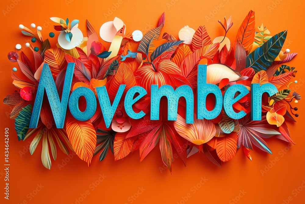 Brightly colored paper leaves in shades of orange, red, and teal frame the word November. The artistic arrangement creates a vibrant autumnal feel, celebrating the seasons beauty.
