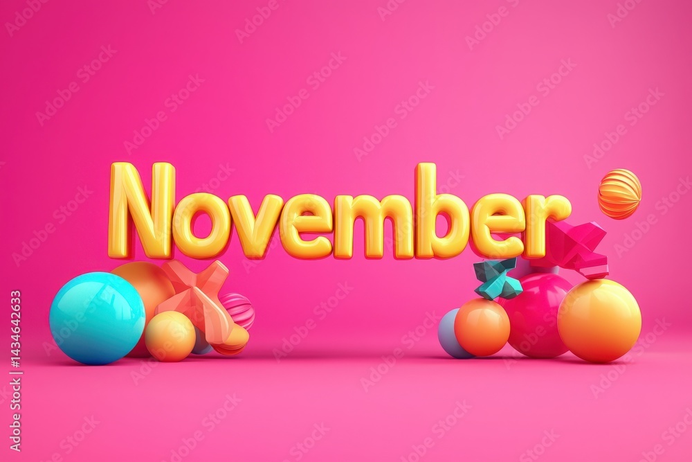 Lively November decorations showcase large yellow text surrounded by playful multicolored shapes on a vivid pink background, creating an energetic and cheerful atmosphere.
