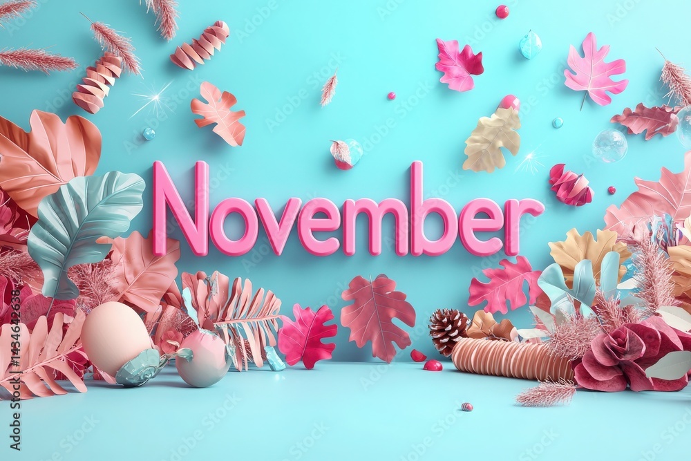 A vibrant November-themed setup features large pink lettering surrounded by colorful leaves, pinecones, and decorative elements in shades of blue and pink, creating a seasonal atmosphere.