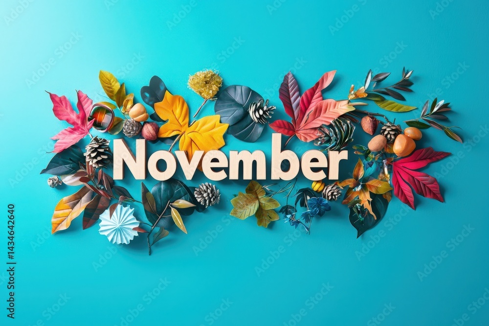 Leaves in various colors, pinecones, and seasonal decorations are arranged around the word November on a teal background. The autumn theme evokes the spirit of the month with its festive touch.