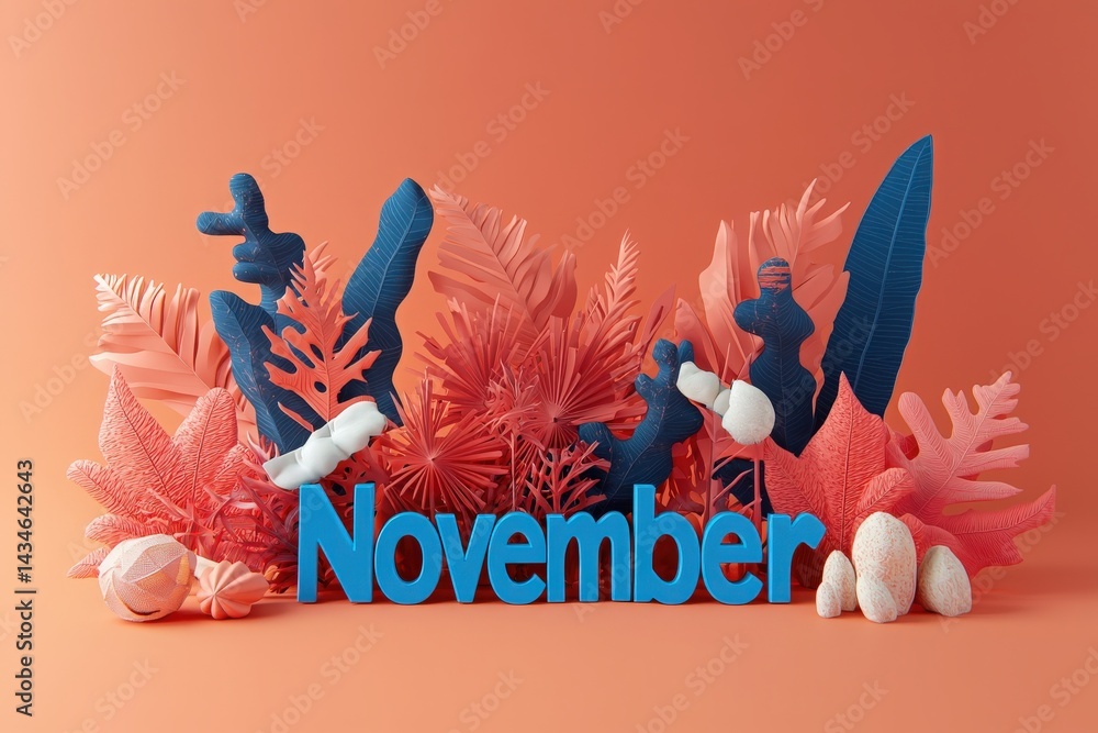 Bright and colorful display features the word November surrounded by various textures and shapes of foliage in warm hues.