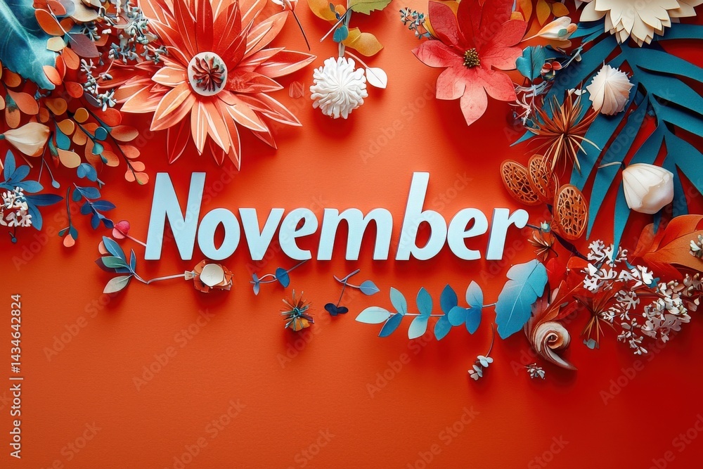 Vibrant autumn leaves and decorative flowers surround the word November, creating a warm and inviting atmosphere.