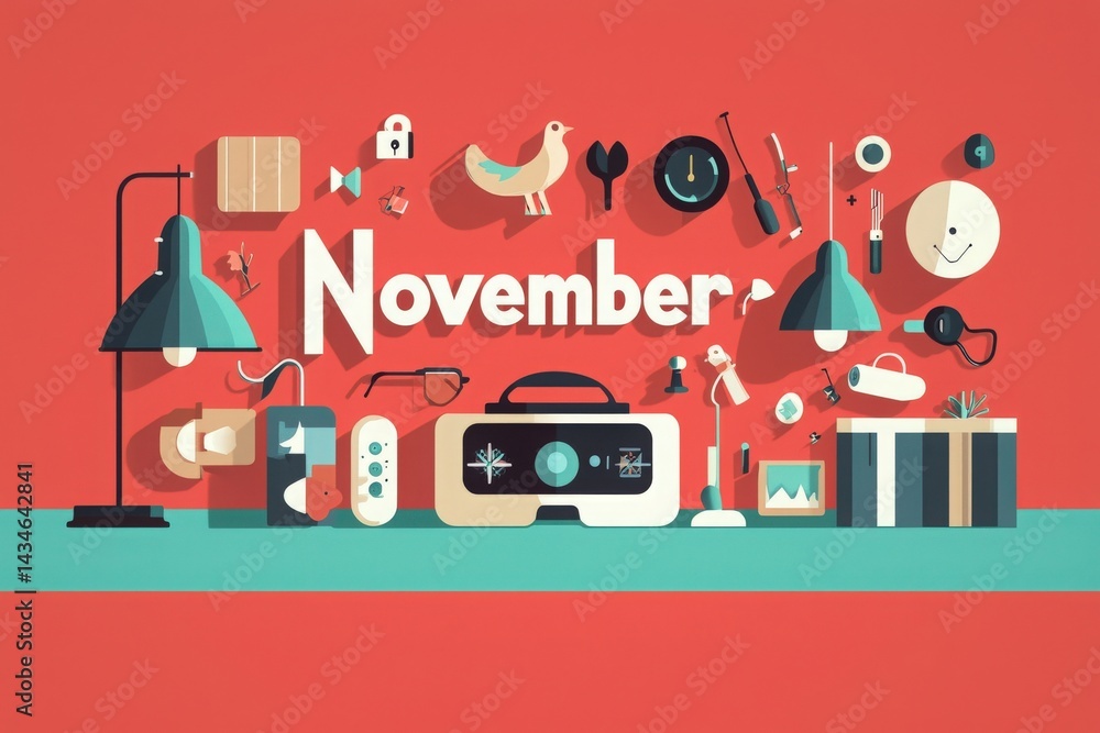 A vibrant layout showcases an array of items related to November, including decorative elements, tools, and symbols, set against a bold red background that emphasizes creativity and warmth.