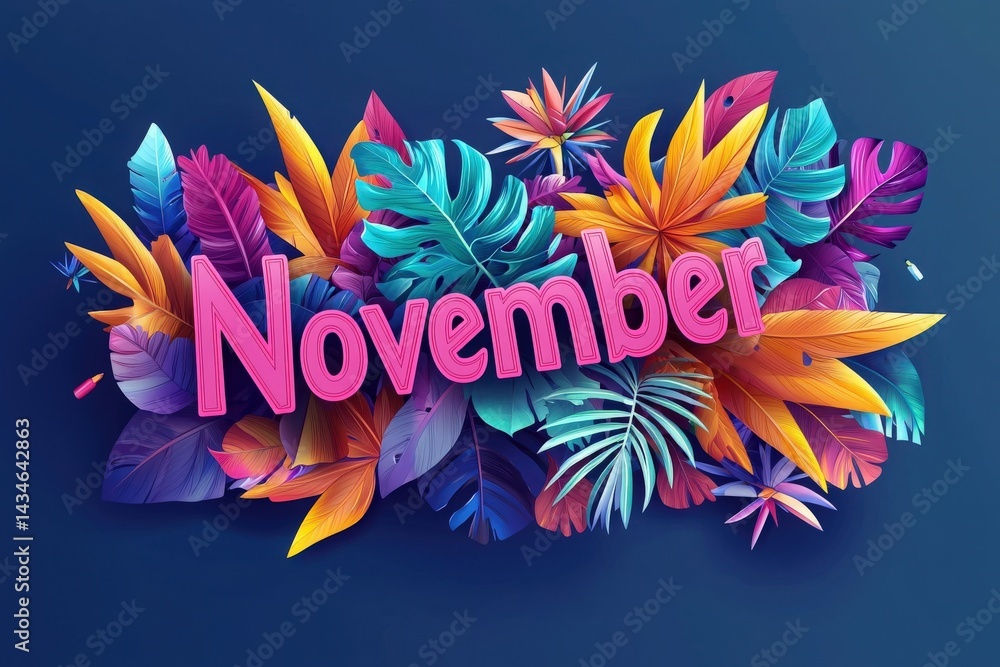 Brightly colored leaves in shades of orange, purple, and blue are artistically arranged with the word November prominently featured, creating a lively autumn-themed display.