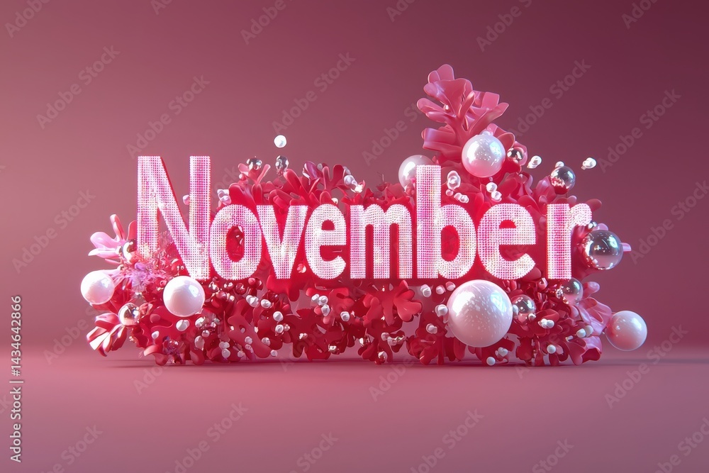 Bright and vibrant display featuring the word November surrounded by pink flowers and shiny spheres. The colorful arrangement creates a festive atmosphere, ideal for seasonal events or promotions.