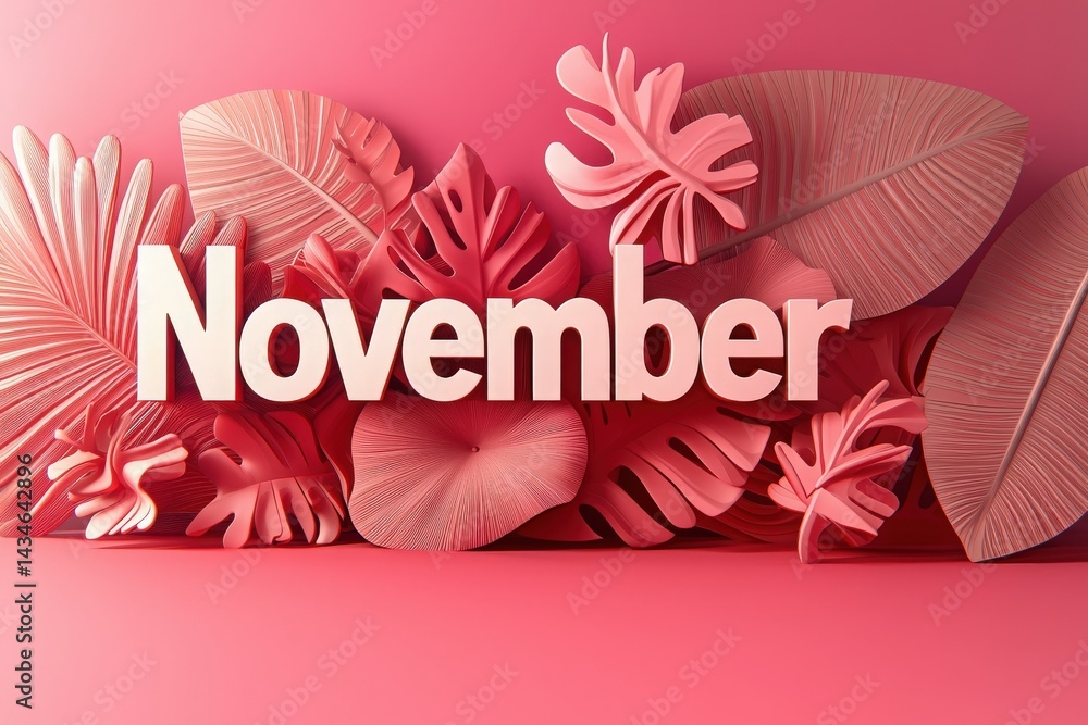Decorative arrangement showcasing the word November surrounded by various textured leaves on a pink background, creating a vibrant and stylish autumn-themed display.
