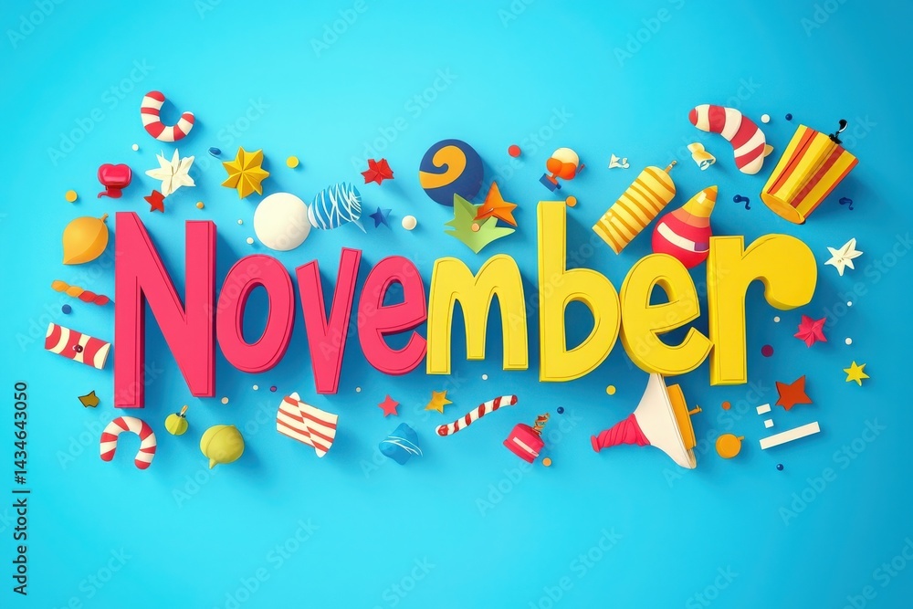 Vibrant November text in pink and yellow is surrounded by festive decorations like candies, stars, and party items, set against a cheerful blue backdrop. This evokes a sense of celebration.