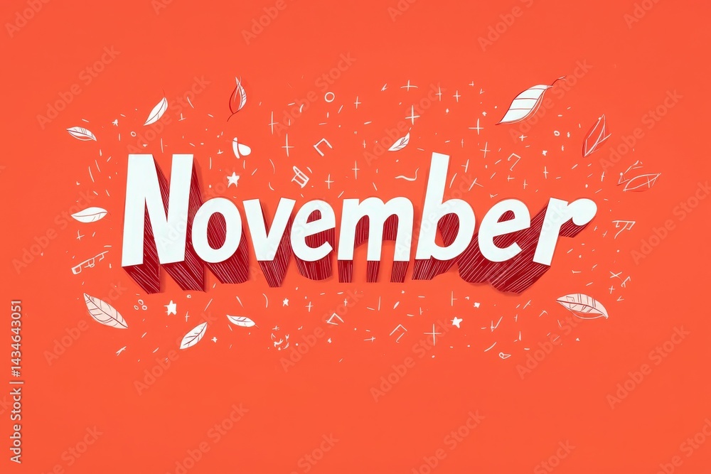 Colorful design celebrates November with stylized letters surrounded by falling leaves and whimsical icons. This playful artwork highlights the essence of autumn and seasonal festivities.