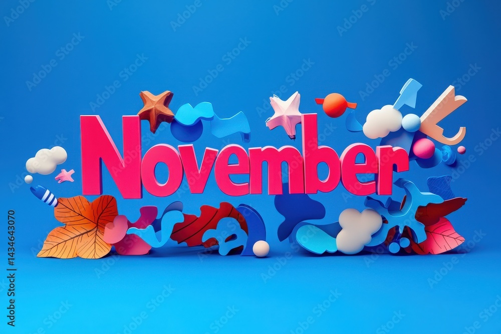 Colorful 3D letters spelling out November are surrounded by playful shapes and icons, featuring stars, leaves, and clouds, creating a festive and cheerful atmosphere suitable for autumn.