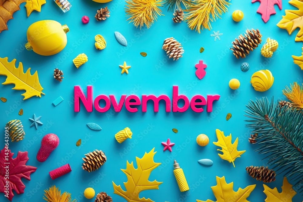 A lively arrangement of autumn leaves, pinecones, and colorful ornaments creates a festive atmosphere for November. The bright blue background enhances the seasonal decor for fall celebrations.