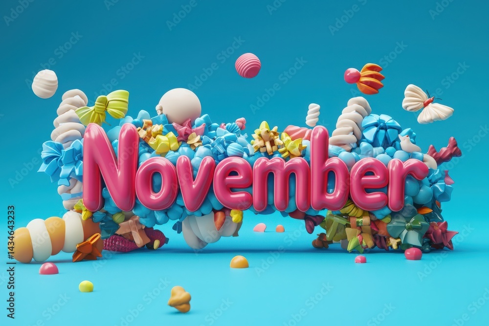 Vibrant assortment of candies and sweets surrounds the word November, showcasing a festive and playful atmosphere. The background is a bright blue, enhancing the cheerful theme.