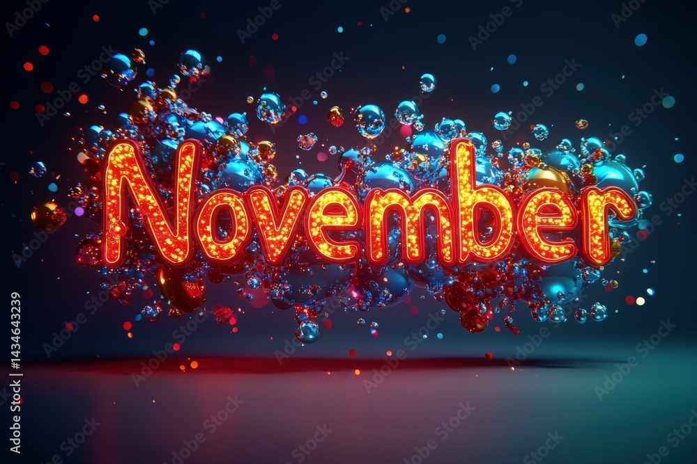 Bright letters spelling November shine amidst vibrant bubbles and glowing lights, creating a festive atmosphere suitable for autumn celebrations or events highlighting the month.