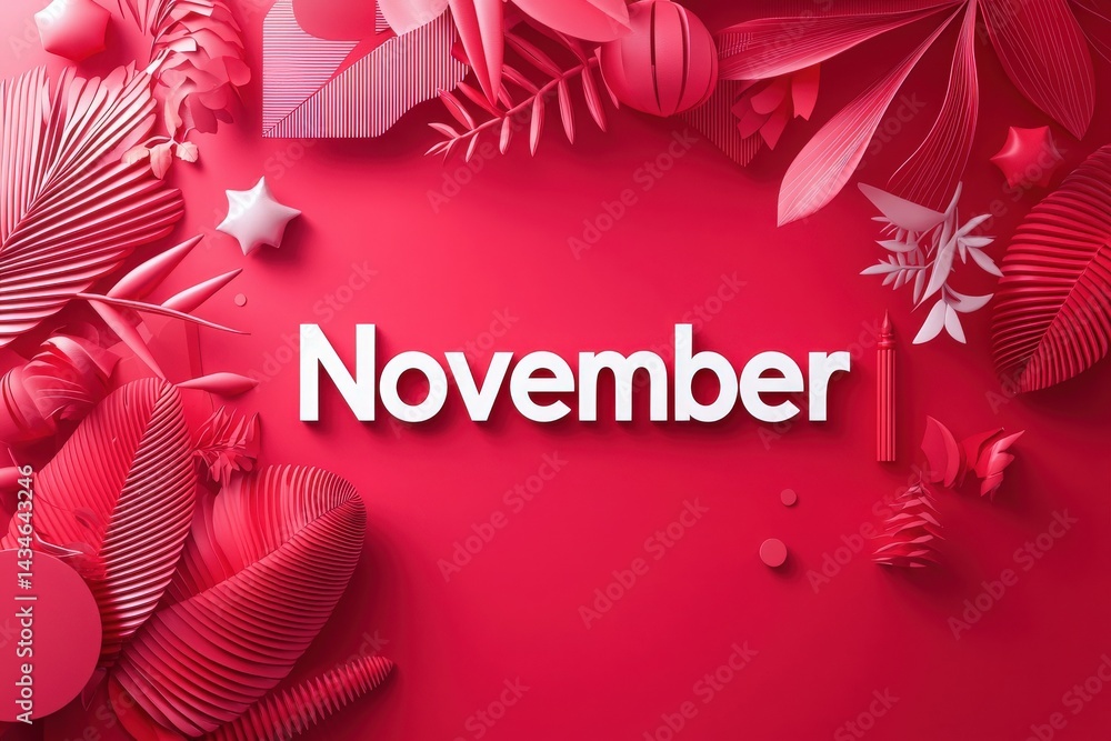 Bold lettering of November stands out against a backdrop of intricate red foliage and playful shapes. The design captures the essence of autumn and festive vibes.