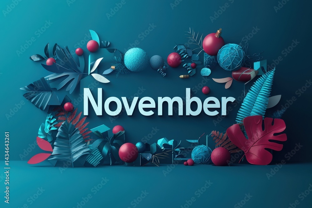 November is showcased with vibrant colors and tropical decorations. Various shapes and textures blend harmoniously, creating an artistic representation of the month amidst playful elements.