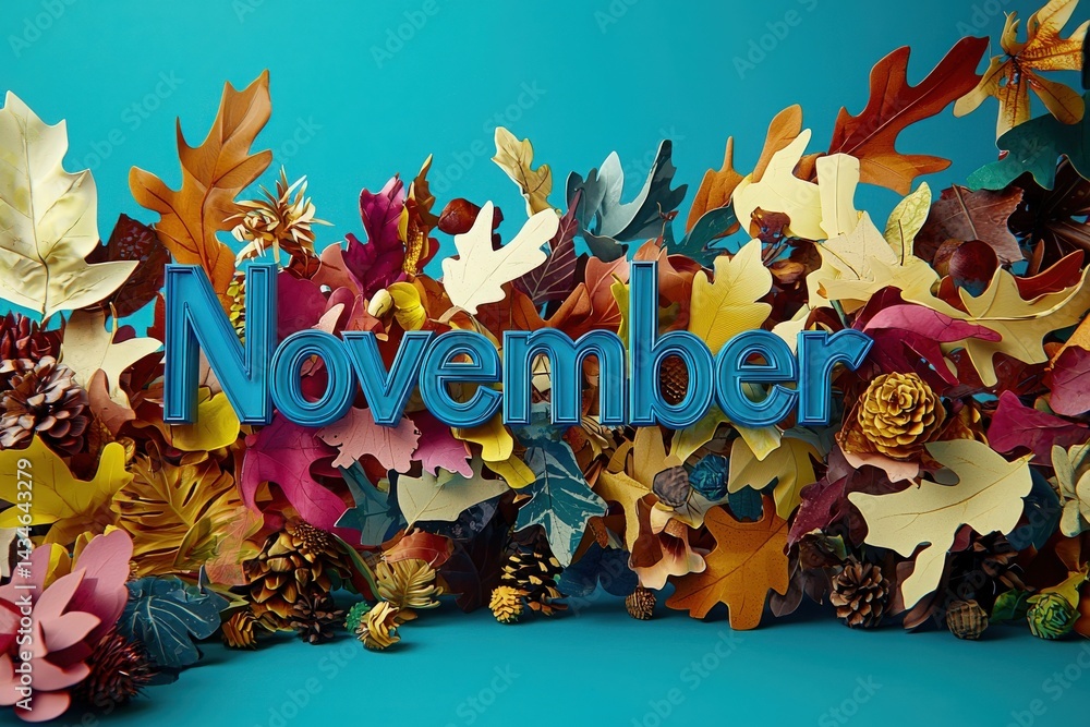 Vibrant paper leaves in various colors create a festive display for November. Pinecones and other natural elements add texture, enhancing the autumnal theme in a cheerful setting.