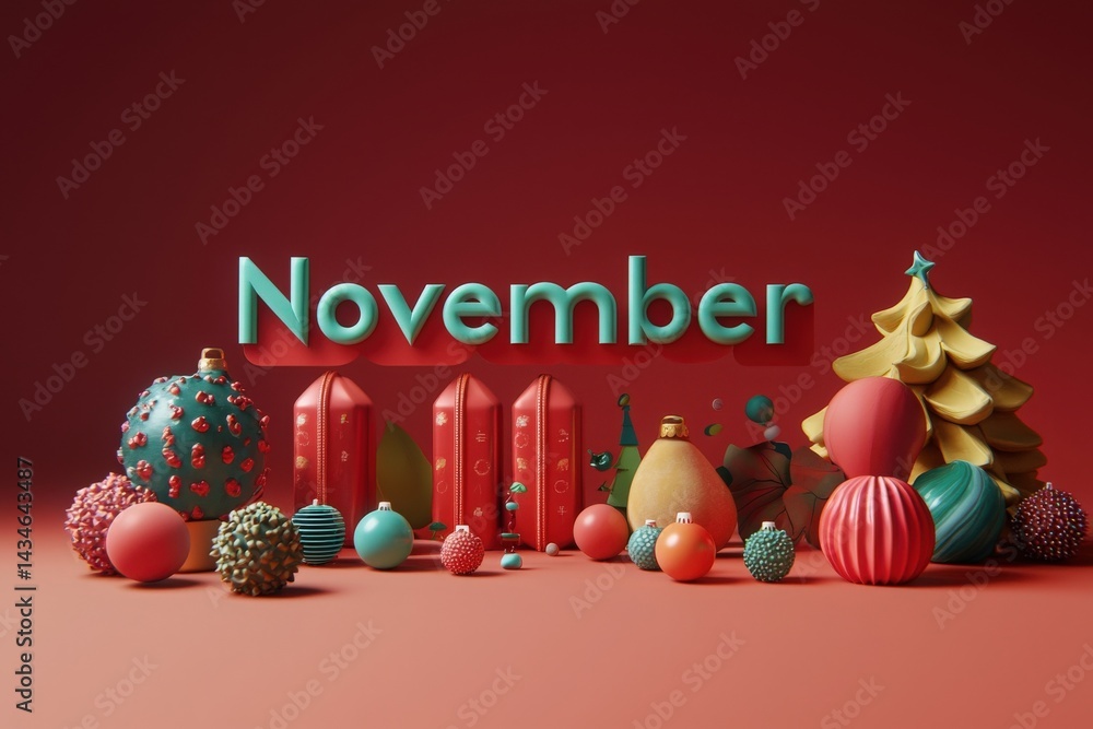 November showcases a vibrant arrangement of holiday decorations, including ornaments, a Christmas tree, and wrapped gifts. Bright colors such as red and green highlight this festive display.