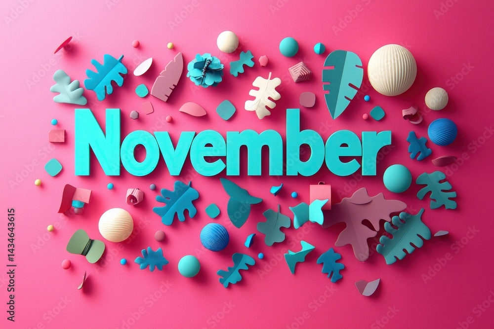 Festive decorations in various shapes and shades surround the bold word November on a bright pink surface. The playful arrangement creates a cheerful and inviting atmosphere for the month.