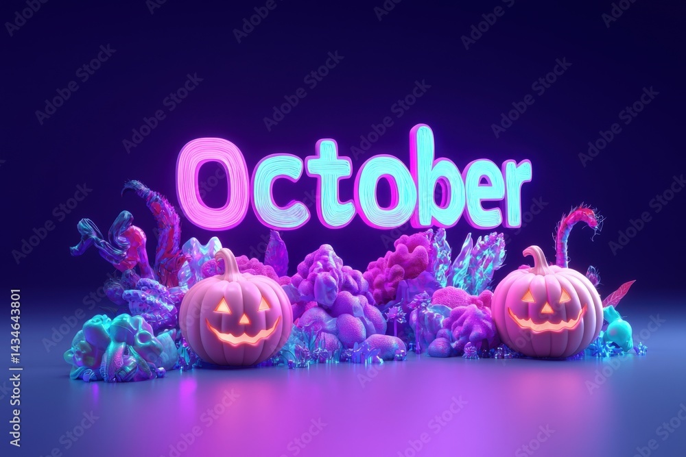 Bright October text with playful letters surrounded by glowing pumpkins and whimsical decorations, creating an enchanting atmosphere for Halloween celebrations.